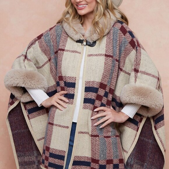 On Blue Women's Poncho Faux Fur Hooded Wrap Cape Size L/XL Plaid Arm Holes Boho - Picture 2 of 16